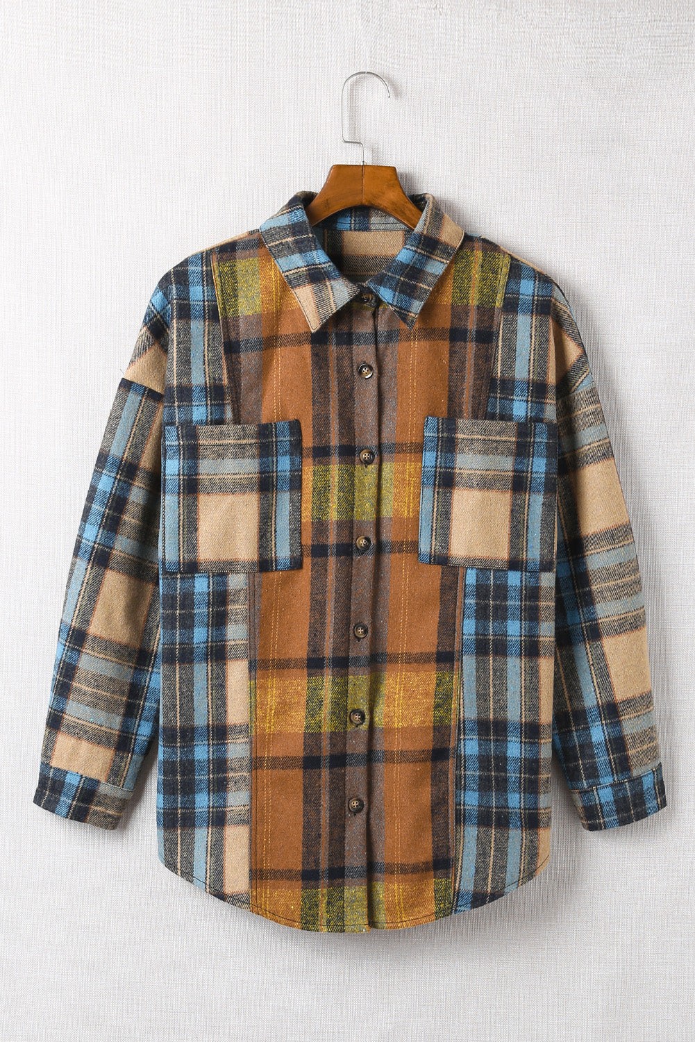 Plaid Curved Hem Dropped Shoulder Longline Shirt Jacket